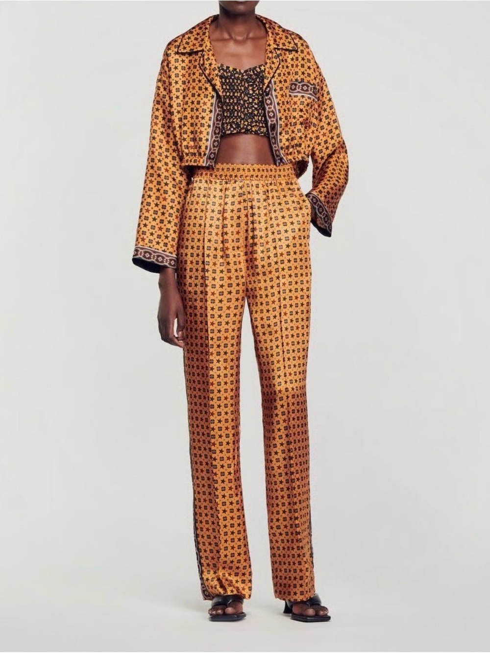 Set: Printed Satin Wide-Leg Trousers in Mustard and Matching Top